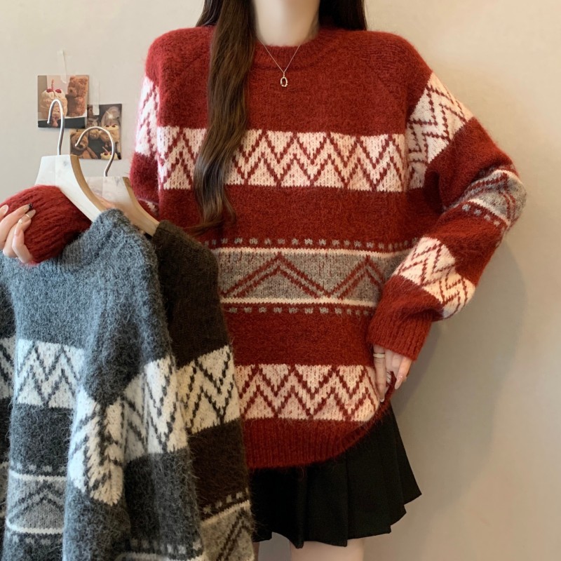 ~大码胖MM秋冬新款圆领费尔岛套头圣诞过年红长袖上衣毛衣，女装大码女装，衣嘉衣服饰
