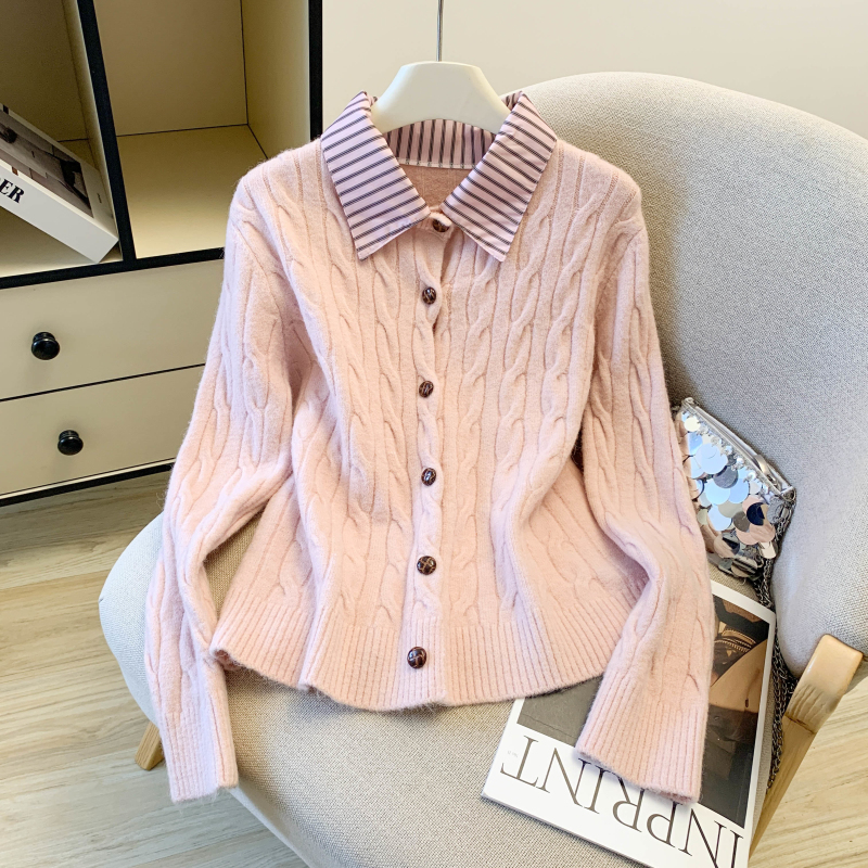 假两件polo领针织开衫女2025冬季外穿独特漂亮毛衣外套，女装针织衫/毛衣，衣嘉衣服饰