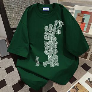 美式 爆款 慵懒风宽松显瘦百搭上衣潮 t恤男夏季 高级墨绿色纯棉短袖