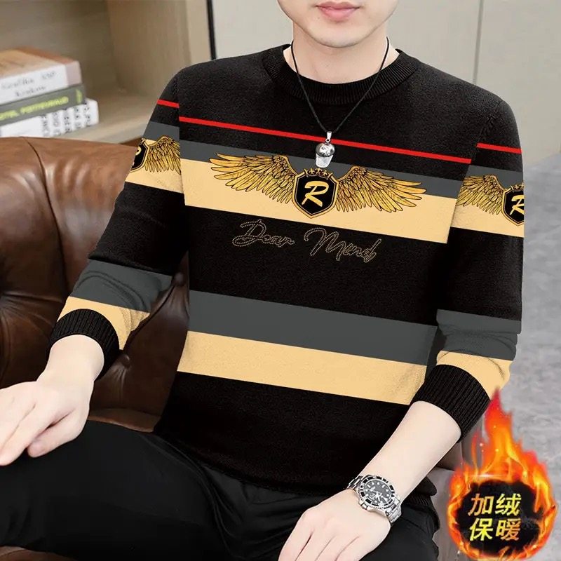 男士冬季加绒民族风时尚潮流上衣3D印花衣服加厚休闲卫衣圆领长袖