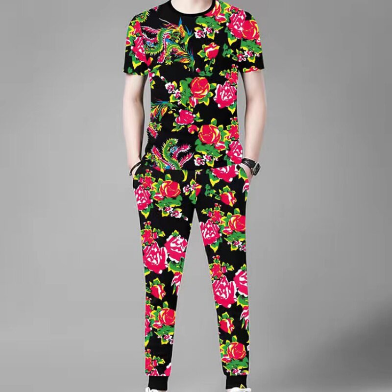 夏季新款东北世家大花复古网红同款短袖长裤套装圆领套头衫打底衫