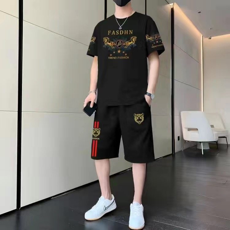 新款龙图案男士短袖短裤t恤套装时尚国潮印花运动潮流宽松圆领衫