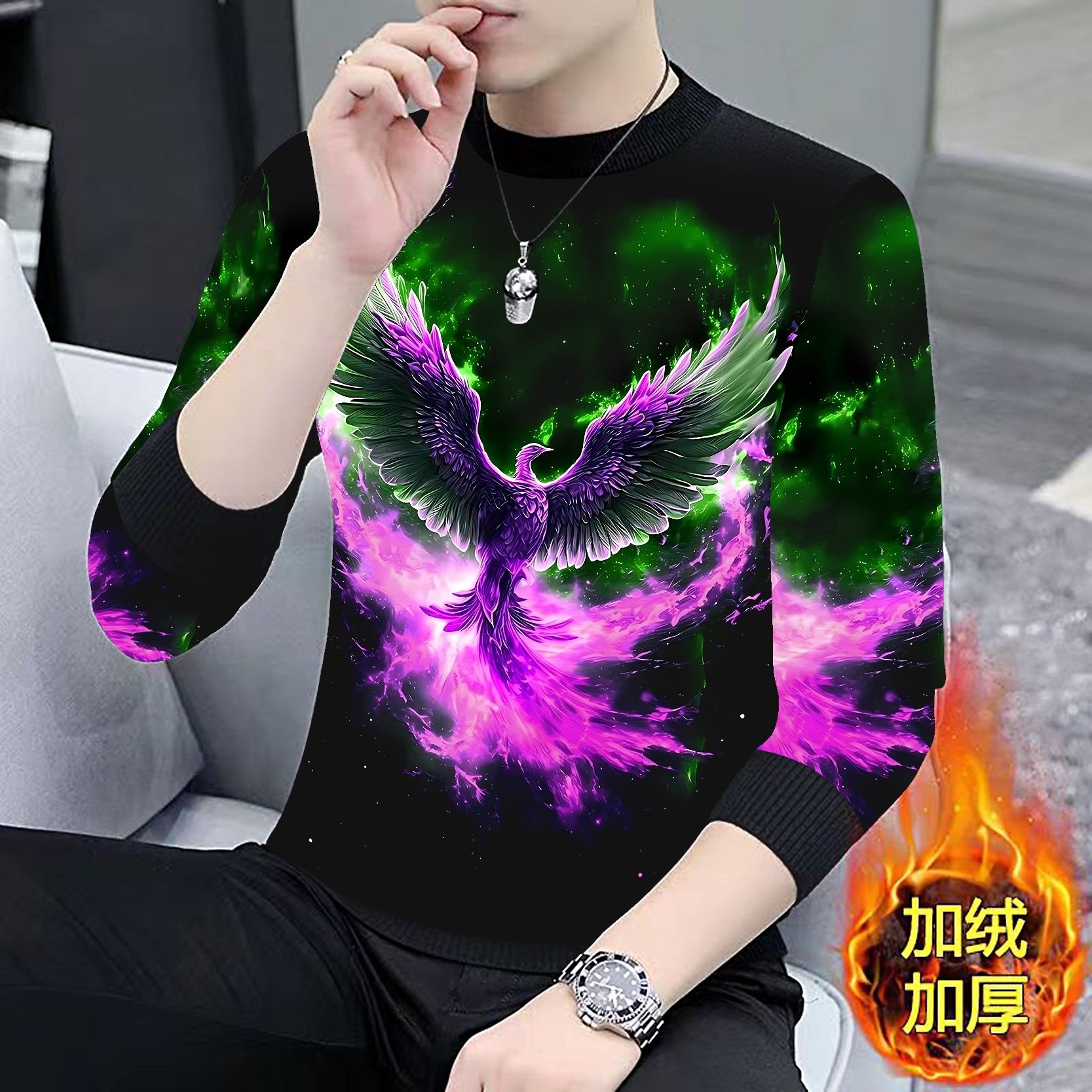 男士秋冬款经典条纹3D印花卫衣潮流休闲运动t恤长袖圆领国风上衣