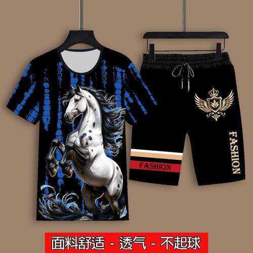 男士夏季新款休闲时尚运动套装潮流个性印花短袖搭配短裤两件套