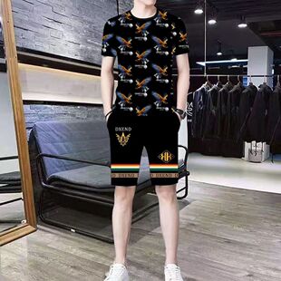 男士夏季新款休闲时尚冰丝印花短袖短裤运动套装潮流帅气一套搭配
