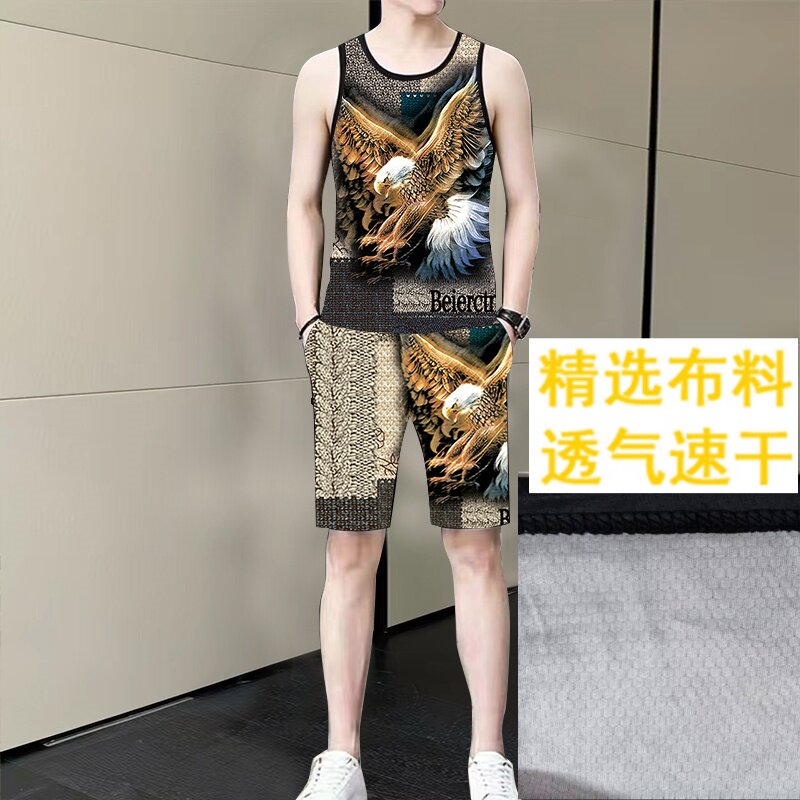 夏季薄款透气速干男士背心短裤套装潮流爆款印花帅气外穿背心套装