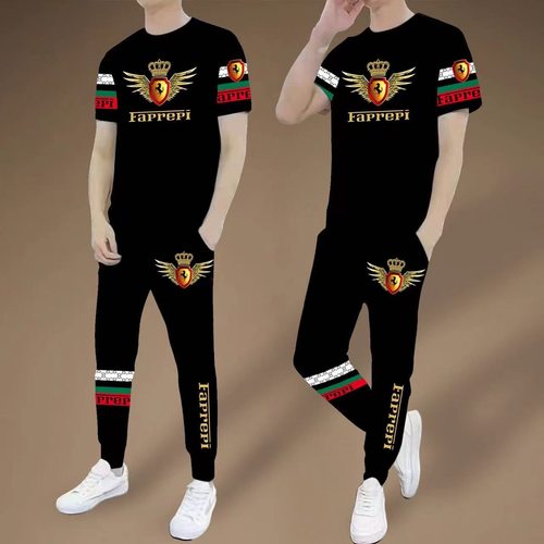 男士新款短袖长裤套装潮流时尚圆