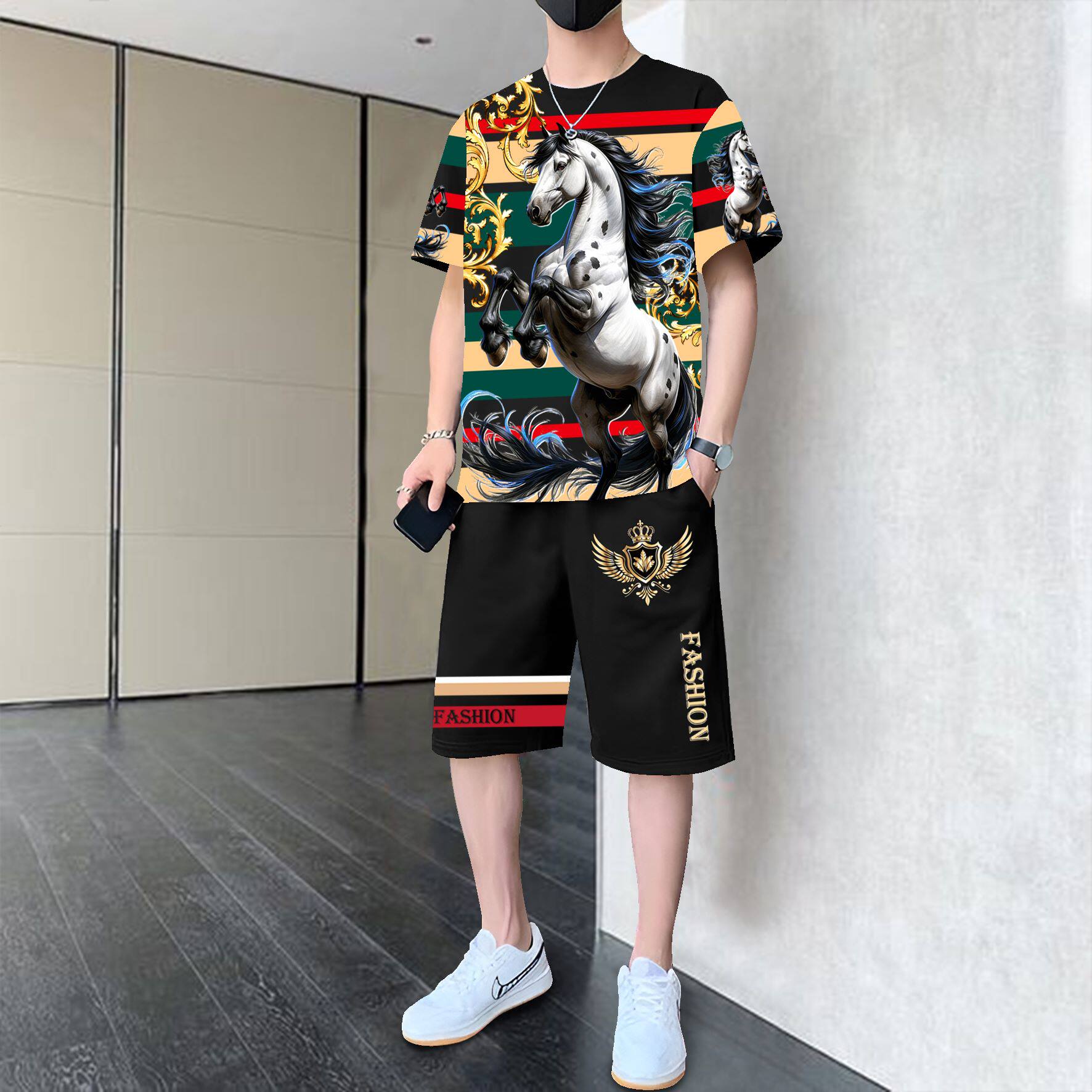 2026年男士夏季新款时尚运动套装潮牌圆领短袖短裤搭配一整套男装