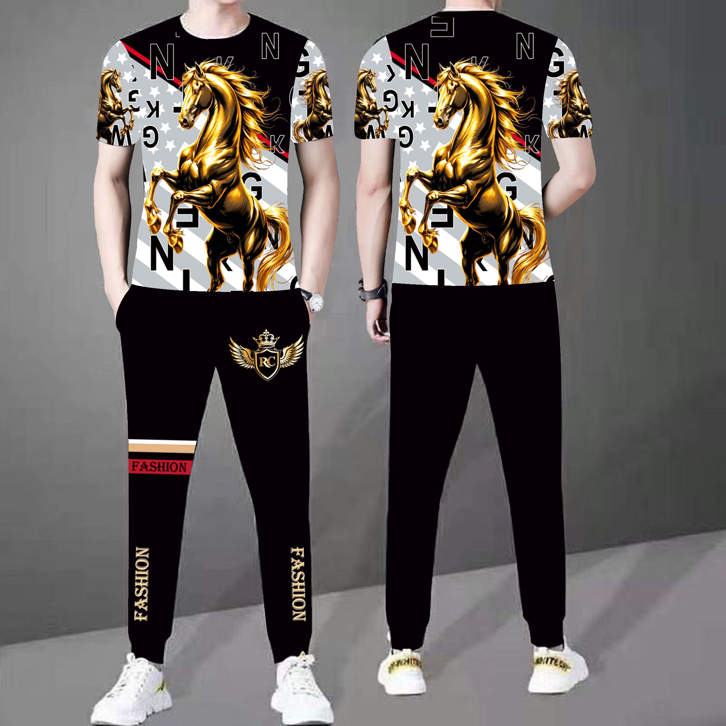 男士休闲运动服套装2026夏季新款潮流时尚个性印花短袖长裤两件套
