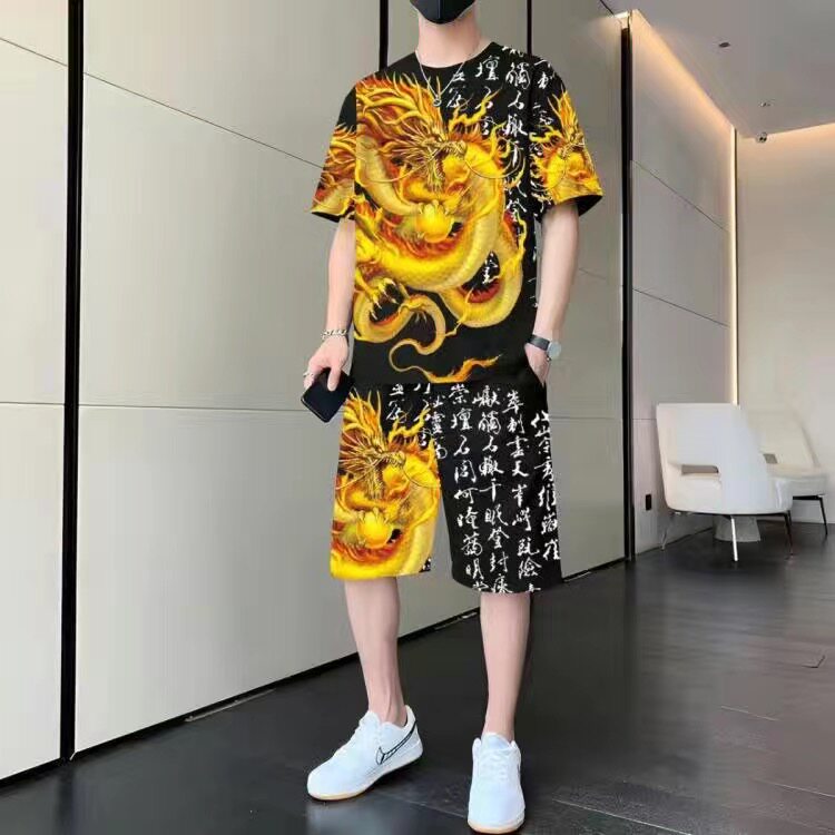 夏季新款男装时尚个性国潮短袖短裤休闲大码网红同款爆款圆领上衣