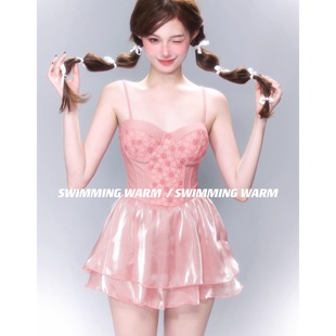 平角连体度假泳衣女 蜜桃公主雏菊可爱小胸显瘦裙式 SWIMMING WARM