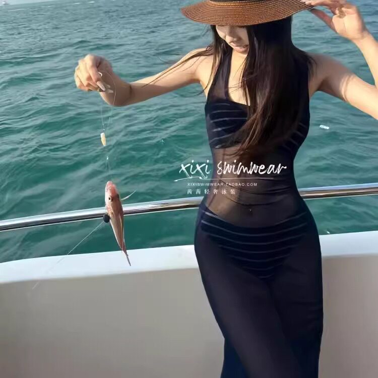 茜茜泳装肯豆款深蓝色透视背心裙网纱长裙罩衫性感条纹比基尼泳衣