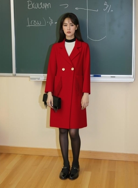 专柜同款冬款简约水波纹双面呢大衣女西装领长款外套ED3695