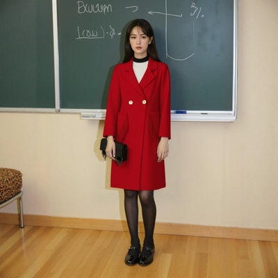 冬款简约水波纹双面呢大衣女