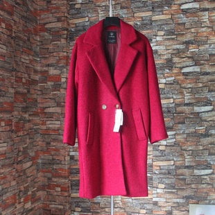 w.closet冬中长款羊毛女士大衣纯色长袖西装领口袋外套303103