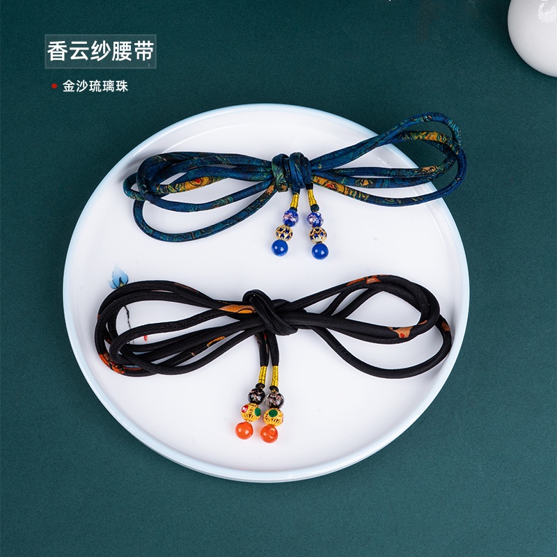 原创设计香云纱桑蚕丝细流苏腰带女生腰绳新中式简约百搭收腰腰链