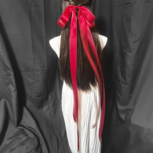 古风红色蝴蝶结长飘带发夹丝带弹簧夹后脑勺头饰薄纱发饰少女感