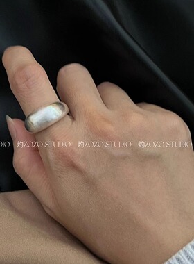 INS风简约清冷感简约素圈百搭哑光素银色拉丝月亮古法泥鳅背戒指