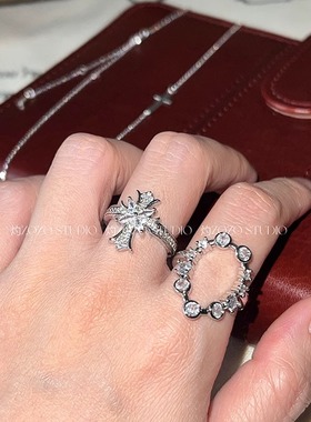 中古复古轻奢高级感小众设计镂空椭圆水滴锆石爆闪带钻夸张戒指女