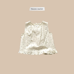 夏季新款中大童女童宝宝韩系小众波点无袖花边百搭上衣花边小衫