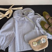 衬衫 花样衣家女童中大童秋季 娃娃衫 条纹荷叶翻领花边泡泡袖 新款