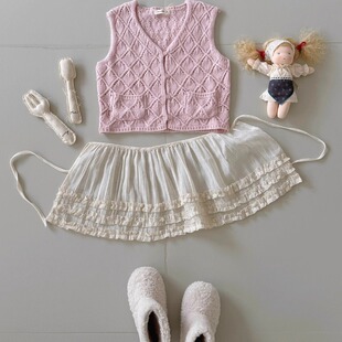 花样衣家女童中大童冬季新款镂空针织马甲浅粉色菱格开衫毛衣背心