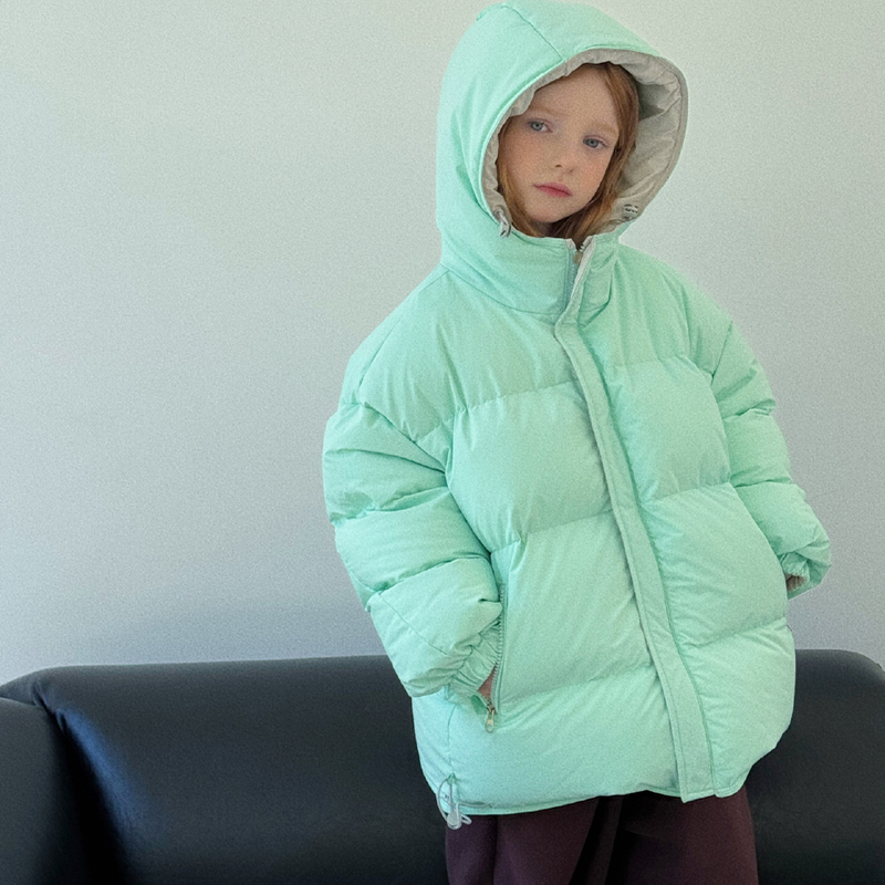 花样衣家男女童中大童冬季撞色双面穿连帽羽绒服90白鸭绒外套棉服