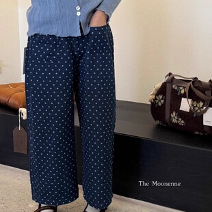 花样衣家女童中大童秋季新款韩系波点裤蓝色阔腿牛仔裤长裤直筒裤
