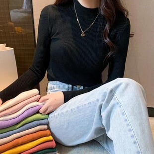 女2022秋季 新款 长袖 针织打底衫 纯色百搭毛衣 半高圆领黑色套头修身