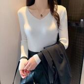 女紧身内搭打底衫 针织衫 百搭上衣 V领简约纯色长袖 2022年春秋新款
