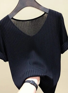 冰丝短袖t恤女装2023夏季新款韩版修身半袖V领针织打底衫上衣女潮