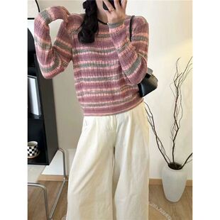 秋季女士圆领条纹短款毛衣女款2026新款高级感秋冬针织打底衫上衣