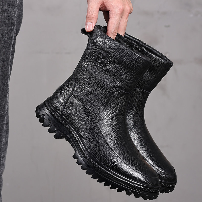 MENS SNOW BOOTS WINTER NORTHERN LEATHER WOOL INTEGRATED COTTON SHOES HIGH-TOP WARM AND COLD-PROOF COTTON SHOES NON-SLIP OUTDOOR BOOTS