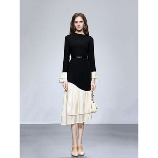 輕奢女裝 Design Fashion秋季 新款 中長(zhǎng)連衣裙 不規(guī)則荷葉邊收腰修身