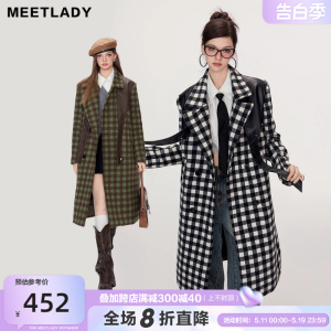 MEETLADY格纹复古毛呢大衣女秋冬设计感今年流行中长款西装式外套