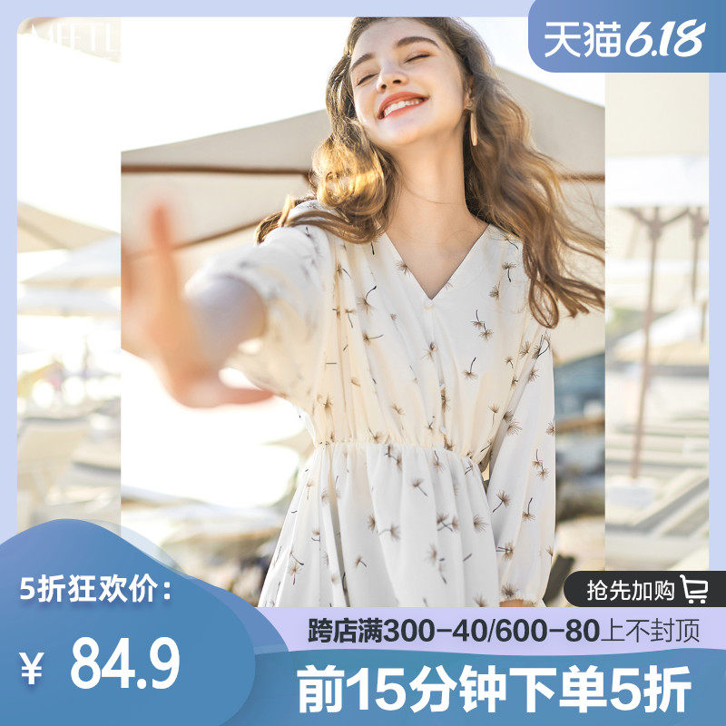 米莱达超仙印花雪纺衫夏2020新款气质V领松紧腰七分袖百搭衬衫女