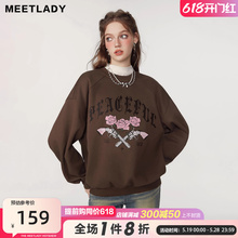 新款 印花宽松圆领套头上衣 MEETLADY甜酷风oversize加绒卫衣女冬季