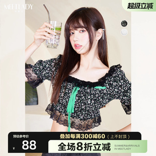 上衣甜辣2023蕾丝方领设计感雪纺衫 MEETLADY小众纯欲风chic短款 女