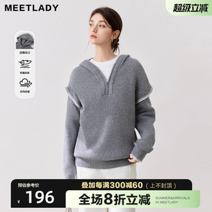 女2024秋冬新款 MEETLADY慵懒宽松连帽针织开衫 简约小众毛衣外套女