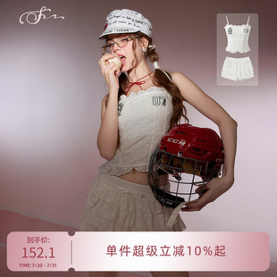 甜美 SEENFAAN盛放2025年夏季 新款 美式 刺绣吊带背心女蕾丝短裙套装