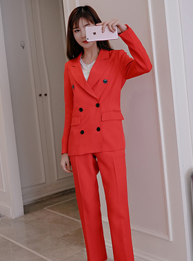 红色OL职业套装女春秋款韩版显瘦时尚帅气西装小外套西服裤两件套