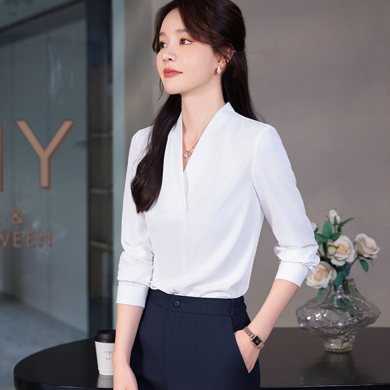 无领白衬衫女抗皱工作服上衣秋装高级感气质雪纺v领职业长袖衬衣