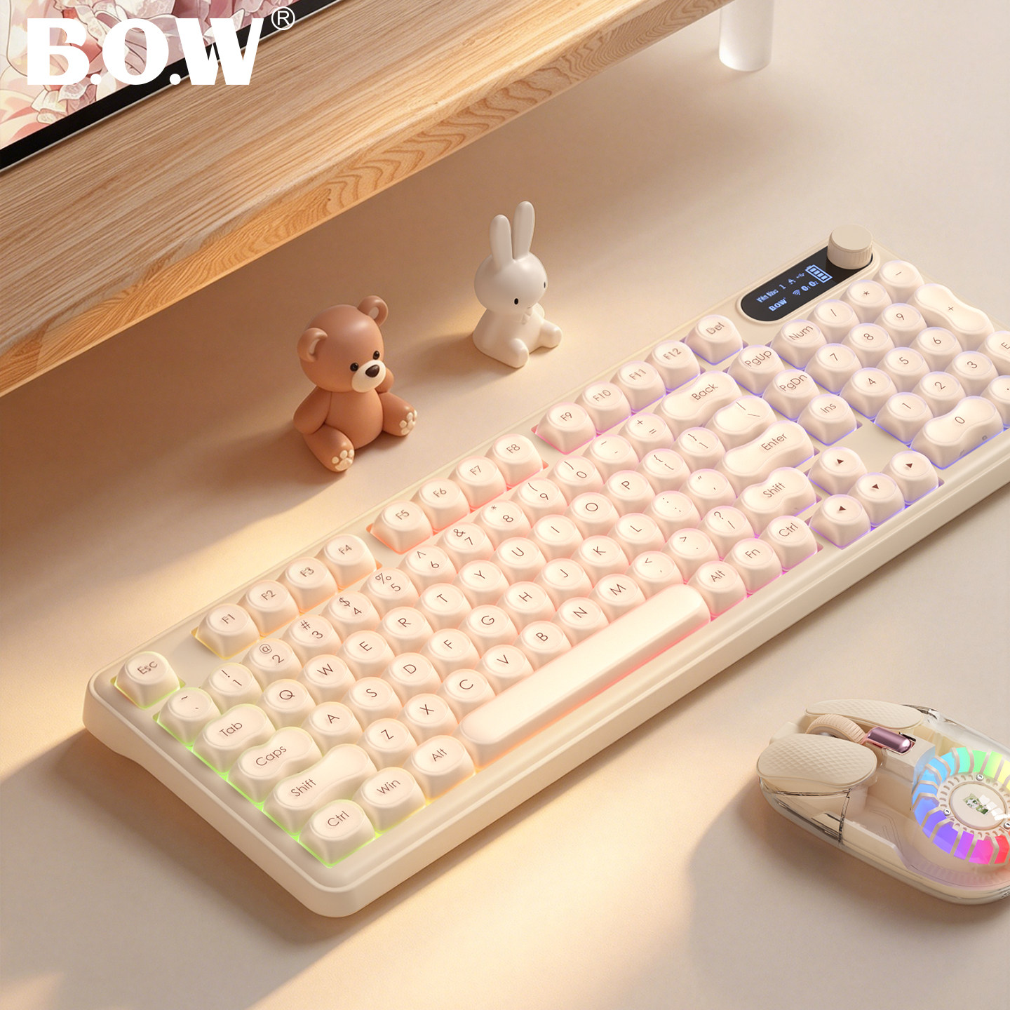 BOW航世 无线键盘蓝牙三模机械手感女生打字办公高颜值键鼠套装