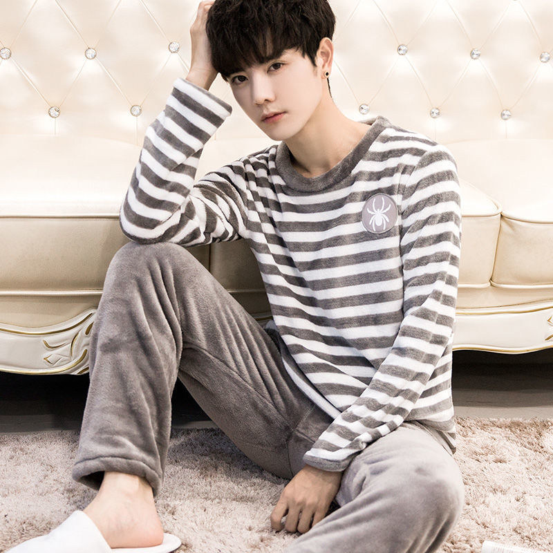 겨울 남성용 산호 벨벳 잠옷 두꺼운 벨벳 봄 가을 겨울 남성용 플란넬 가정복 겨울 남성용 정장