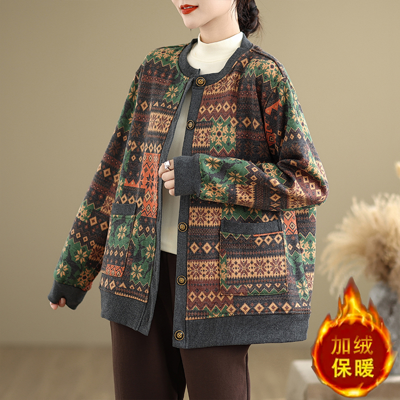 胖妈妈洋气外套加肥加大码女装加绒保暖秋冬装毛衣开衫~外贸清仓