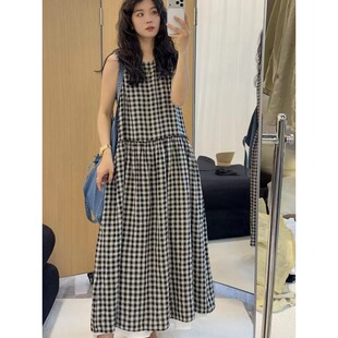 亚麻减龄格子无袖连衣裙女夏天长裙海边度假风宽松裙子~尾货