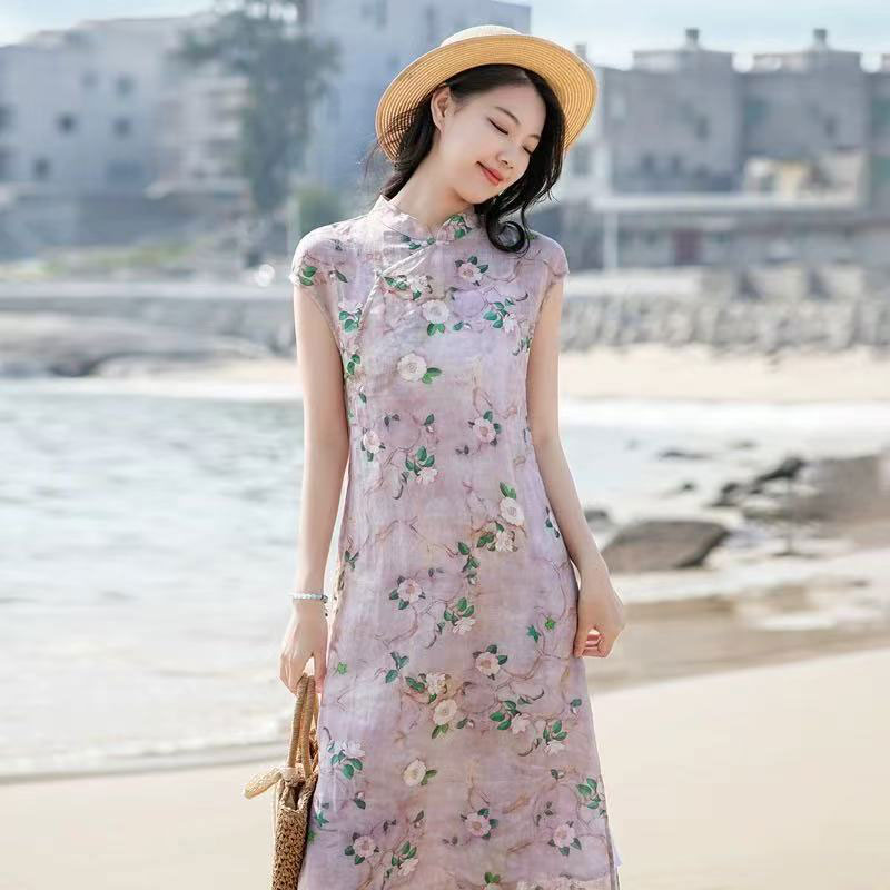 新中式立领短袖印花连衣裙女夏季