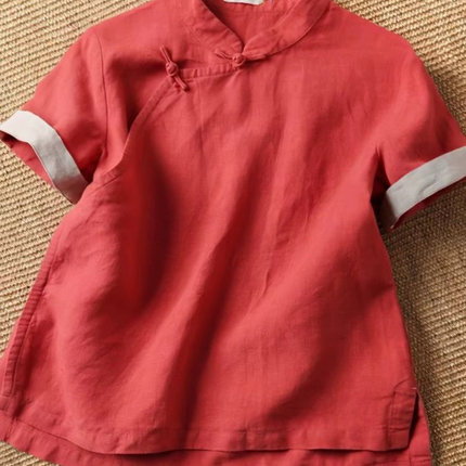 中式复古红色立领盘扣衬衫女短袖夏季禅意棉麻茶服上衣~清仓捡漏