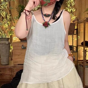 宽松打底纯色亚麻背心 苎麻吊带女士复古百搭中国风女装 夏季 轻薄款