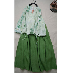 国风改良汉元 清仓女装 素绿色衬衫 搭配半身裙套装 上衣长袖 新中式